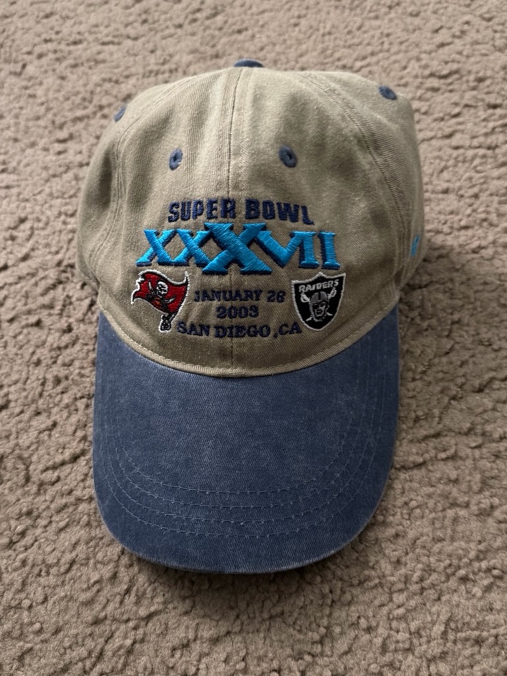 Super Bowl XXXVII Embroidered Twill Cap - Khaki & Blue
